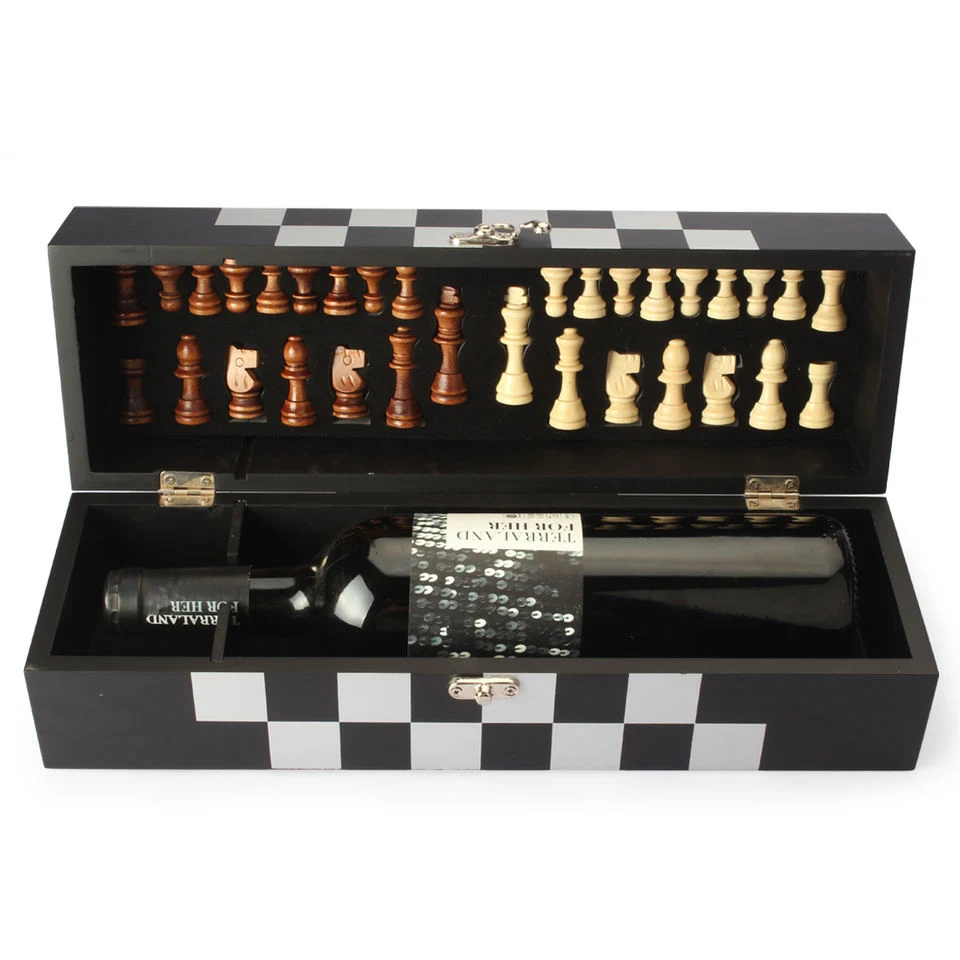 New Design Wooden Wine Bottle Box Wine Storage Box with Wine Accessories Chess Game Set